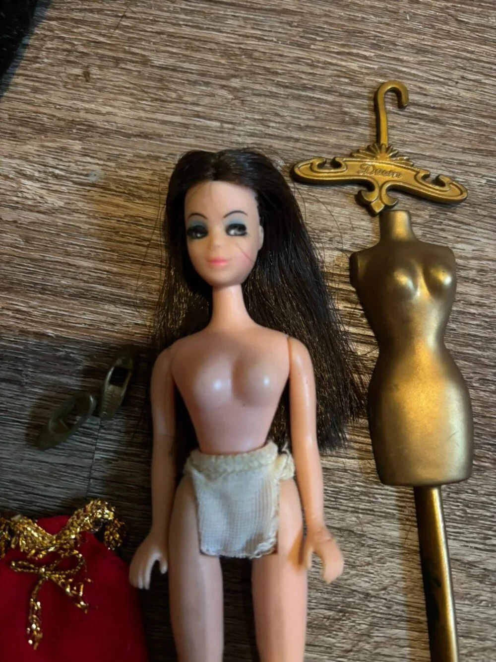 Topper Dawn Angie doll wearing Red gold fringe mini